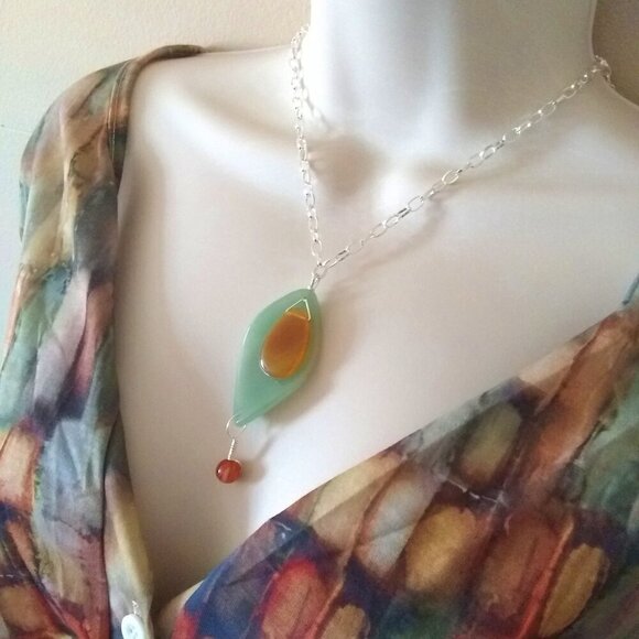 Handmade Statement Necklace - Orange Agate & Green Aventurine - Boho Tropical - Picture 6 of 10